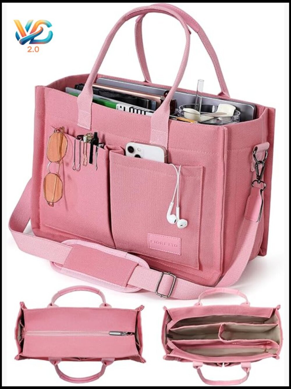 Canvas Tote Bag with Zipper & Multiple Pockets for Work College Travel